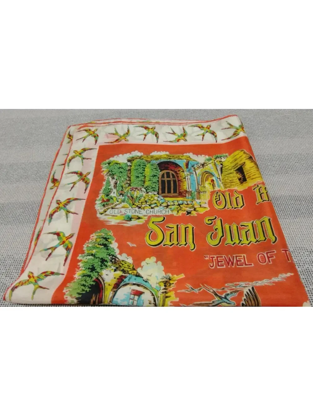 40s 30s California Missions Scarf Birds SAN JUAN CAPISTRANO 1930s MULTICOLOR ART